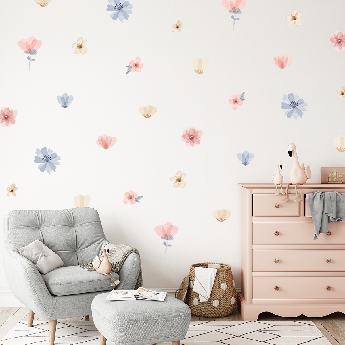 stickers muraux fleurs pastel rose bleu chambre enfant décoration douce