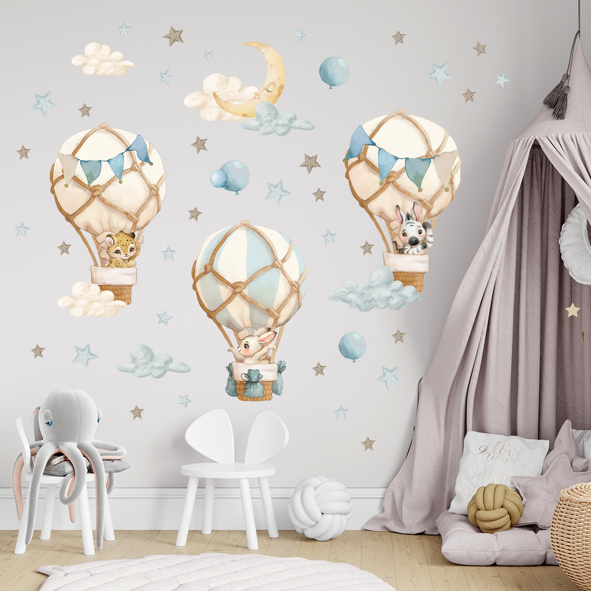 stickers bebe animaux nuages etoiles bleu