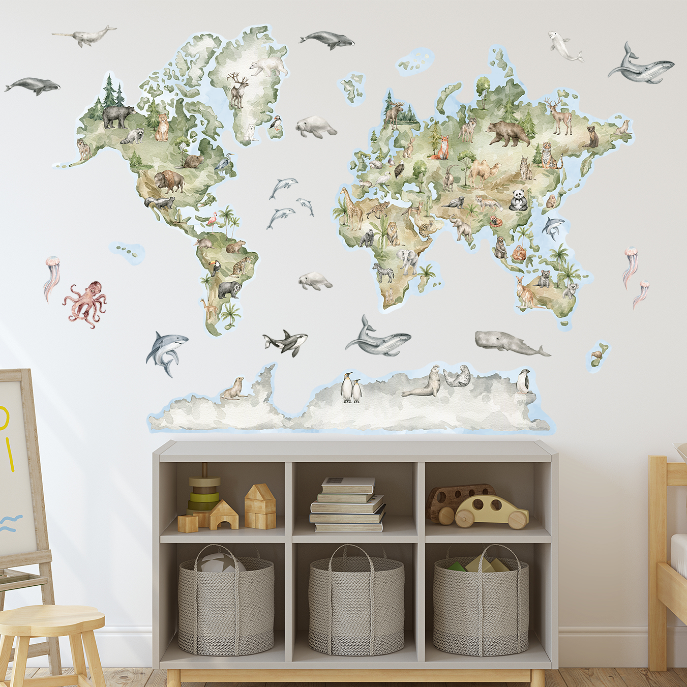 stickers carte du monde dans chambre enfant scandinave