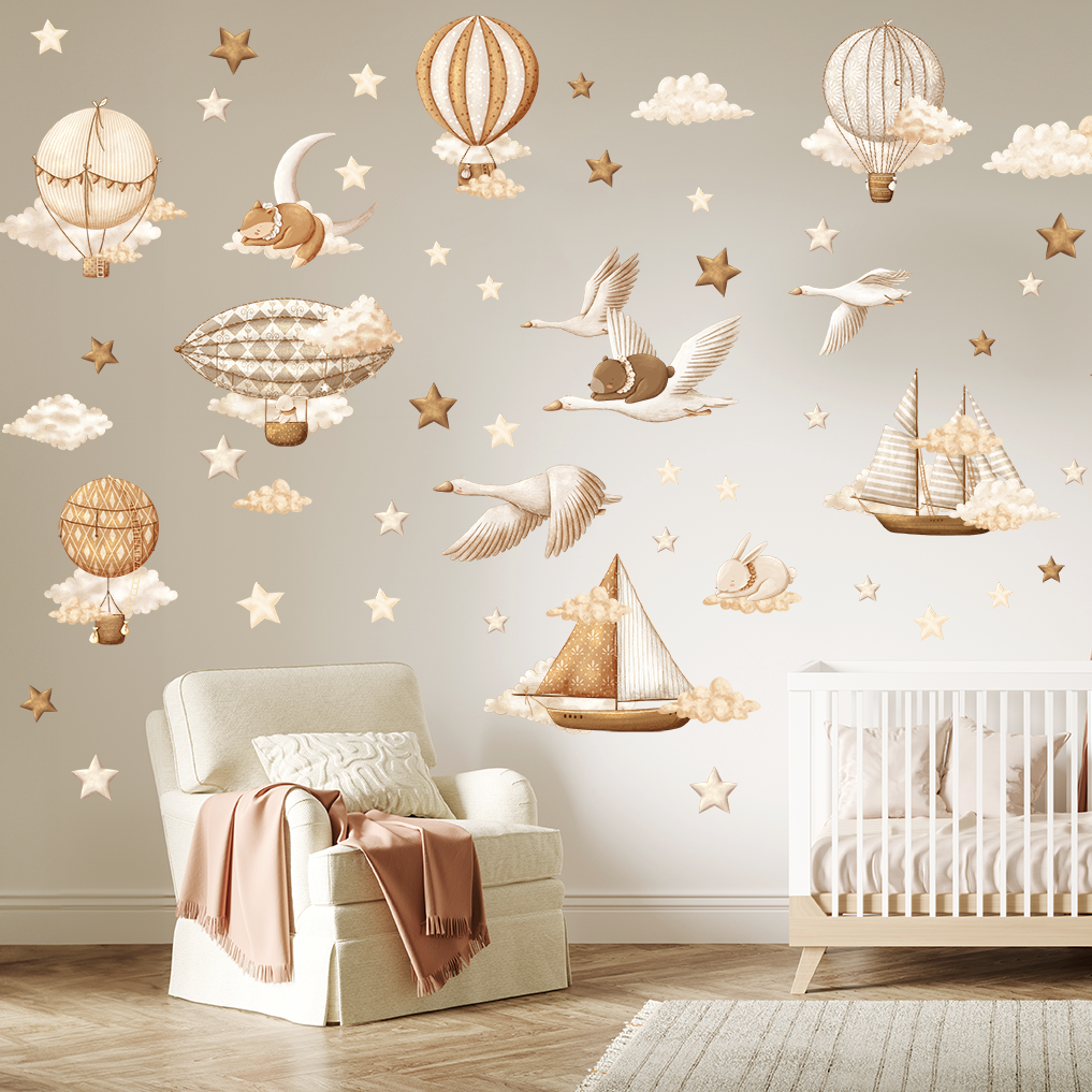 grand sticker mural bebe montgolfieres animaux bateaux