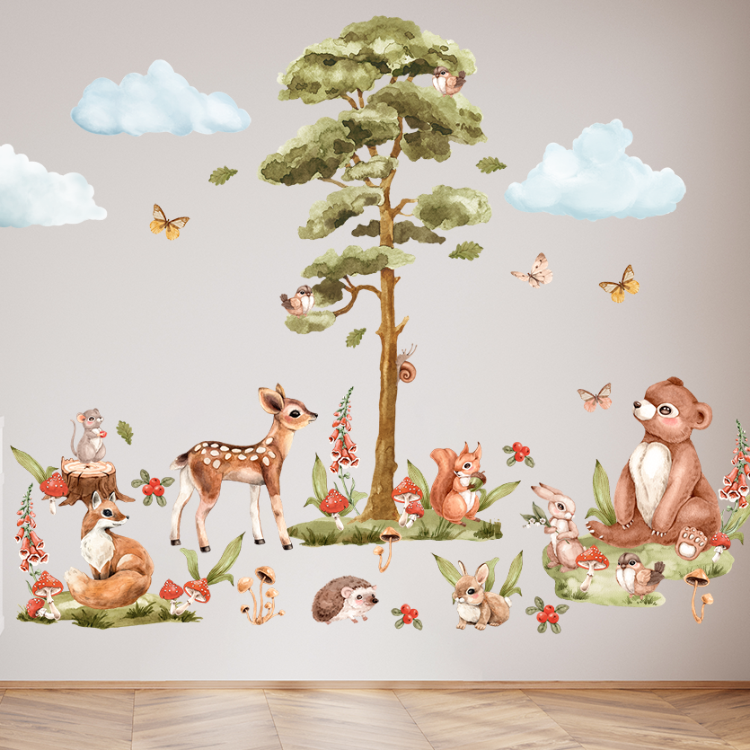 sticker faon foret avec arbre