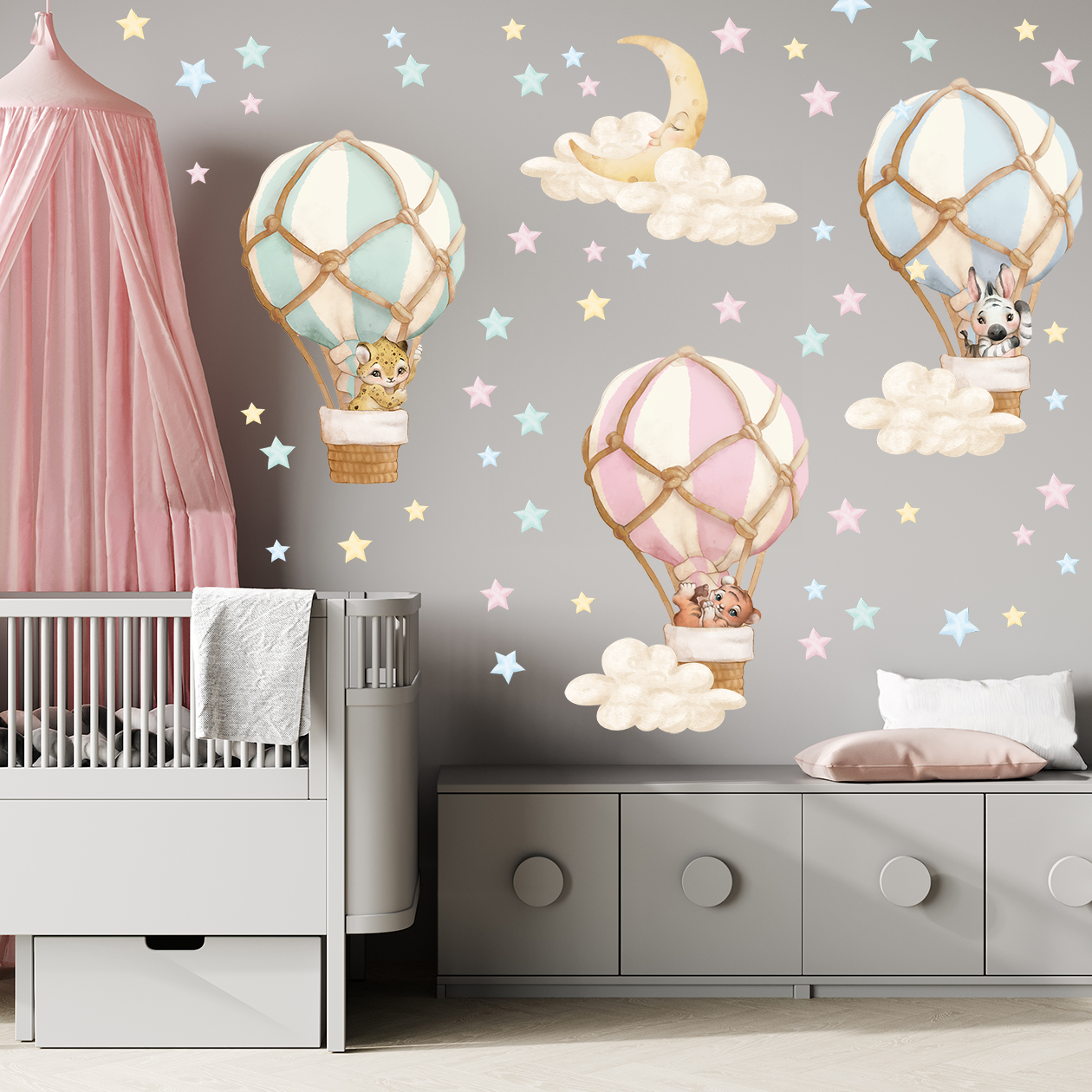 decoration murale animaux montgolfiere pastel