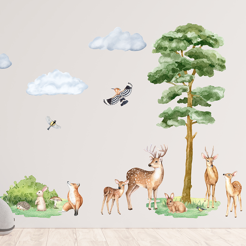 stickers muraux animaux foret aquarelle cerf arbre enfant