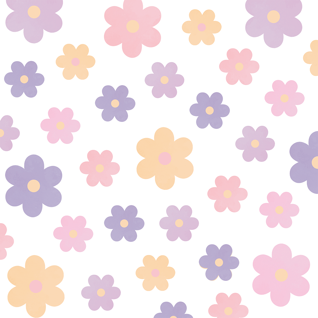 Planche stickers muraux fleurs pastel violet rose peche 55 pieces