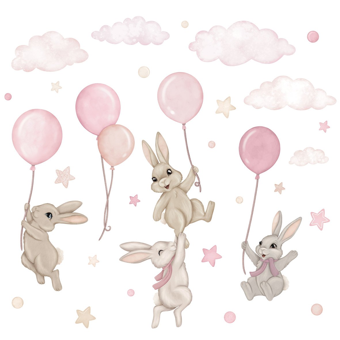 stickers muraux bebe lapins montgolfieres rose