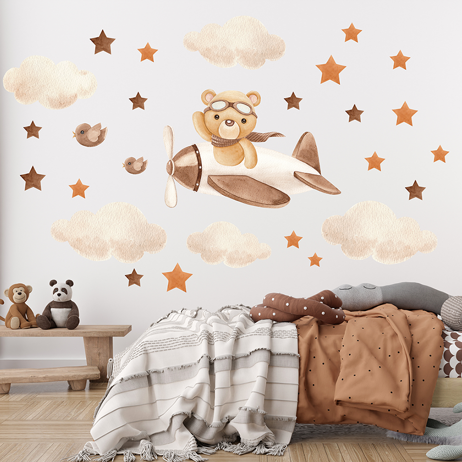 stickers muraux bebe avion nuages etoiles