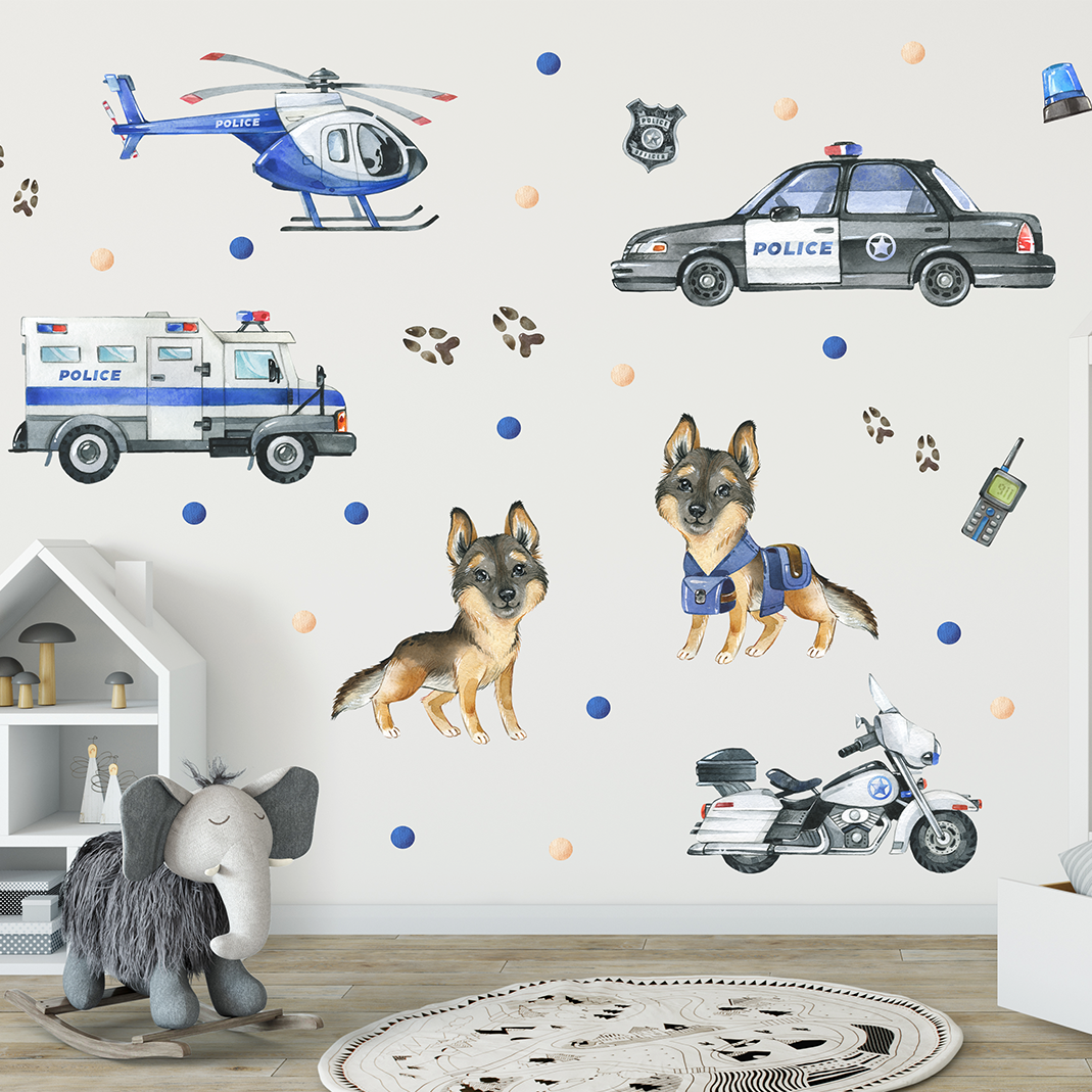 stickers muraux voiture police enfant aquarelle