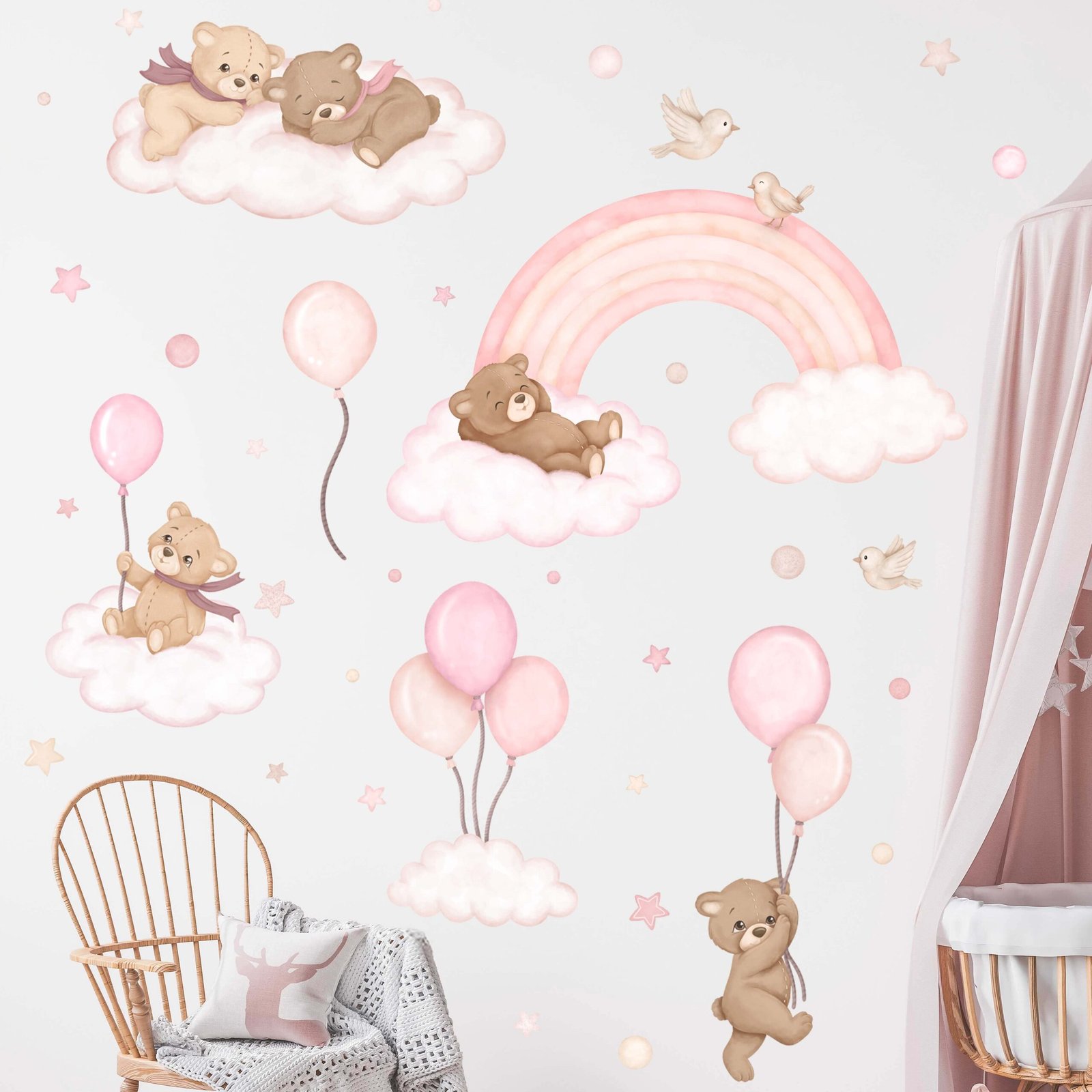 ourson rose nuages ballons decoration murale