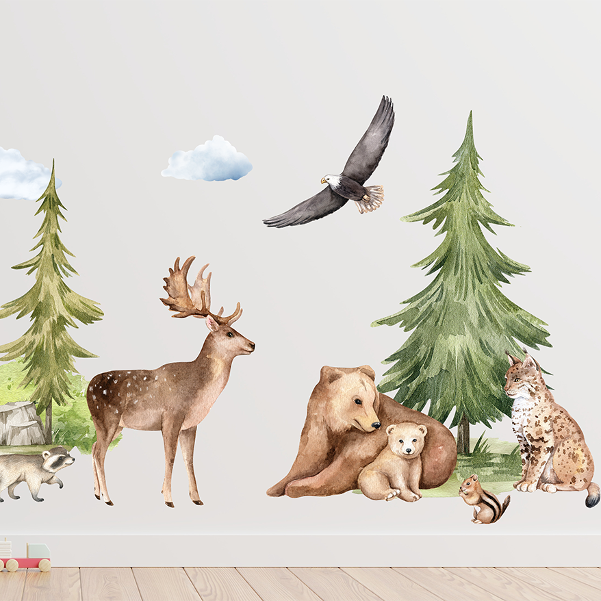 stickers muraux cerf ours lynx chambre enfant naturel