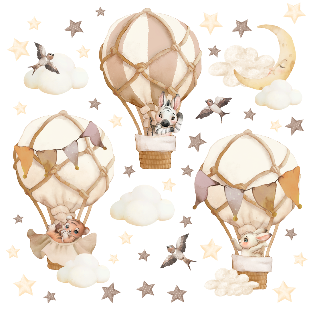 stickers muraux animaux montgolfiere beige