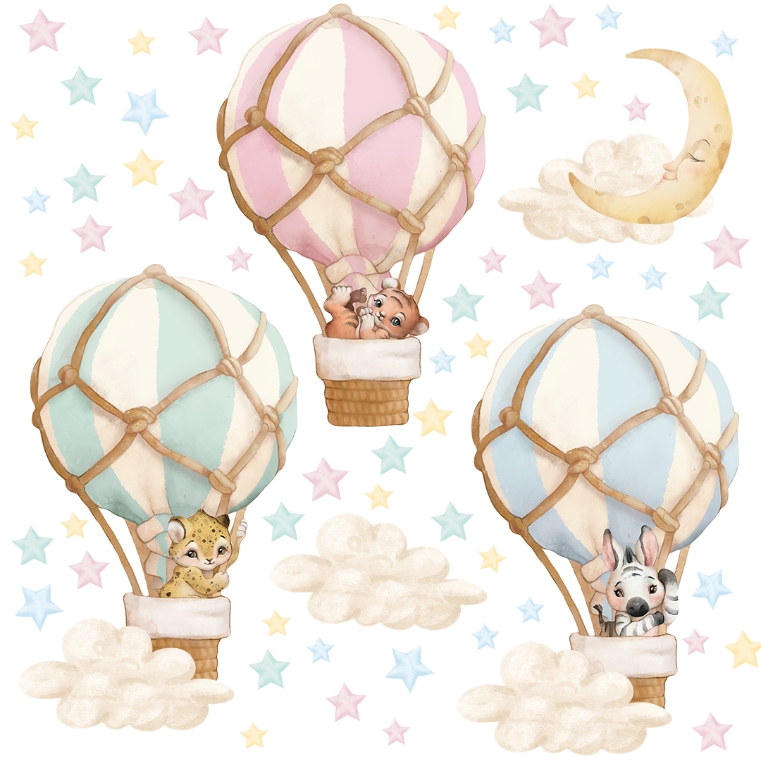 stickers muraux animaux montgolfiere pastel