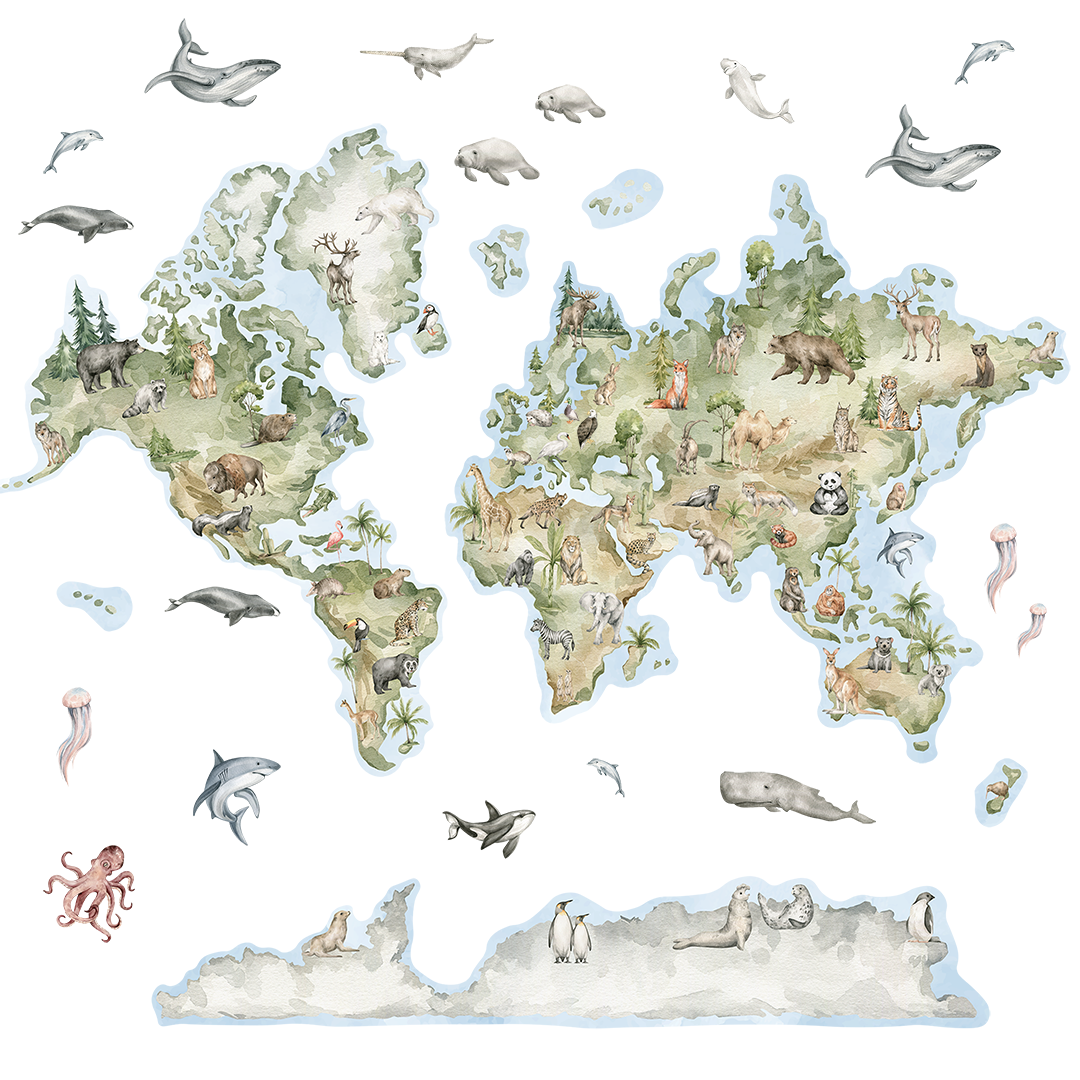 carte du monde enfant avec animaux continents décoration murale