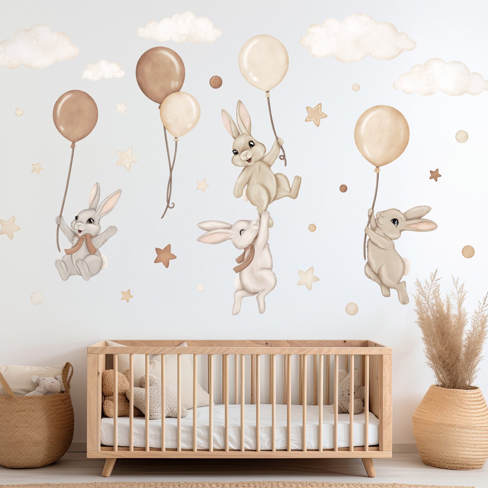 stickers muraux bebe lapins montgolfieres beige