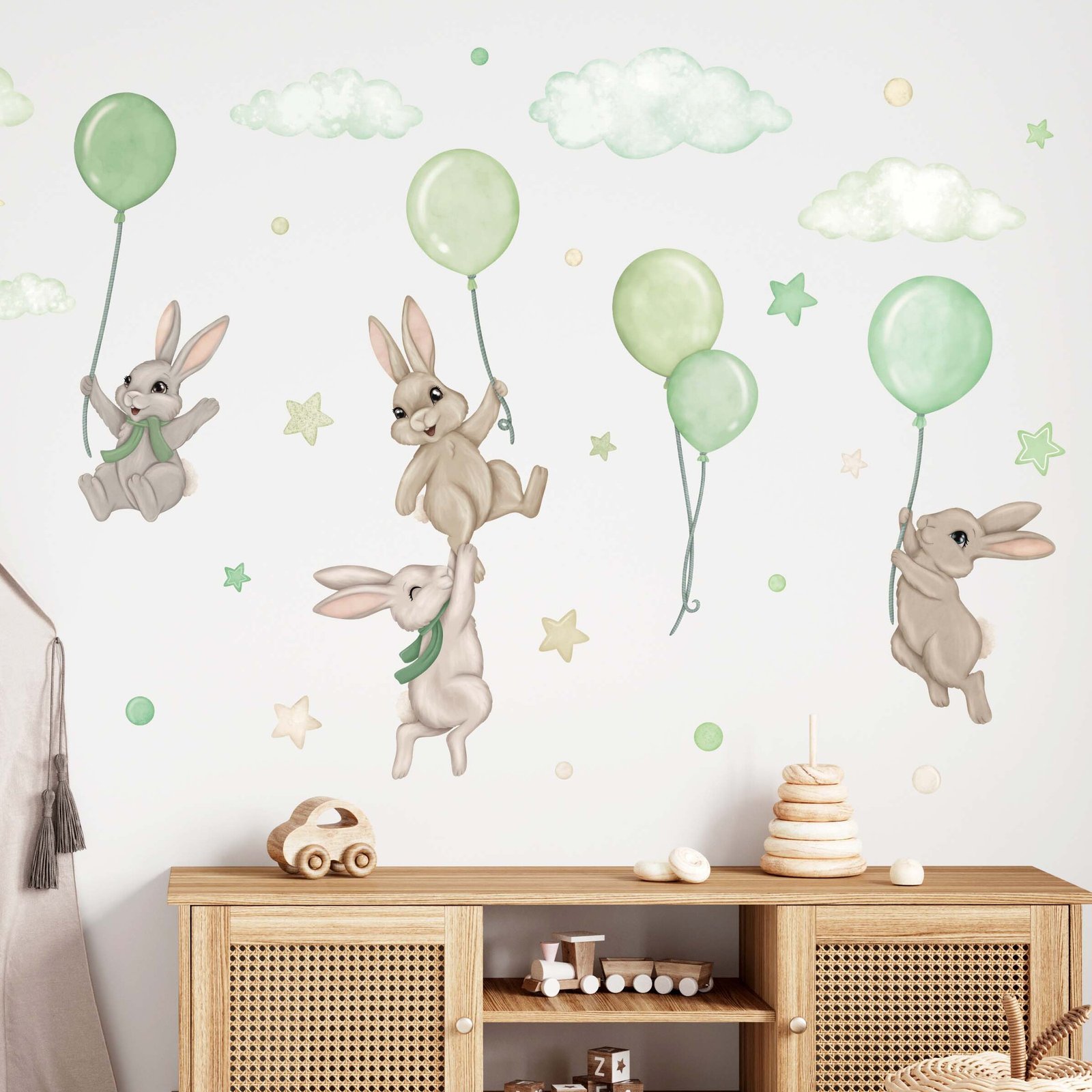 stickers muraux bebe lapins montgolfieres vert