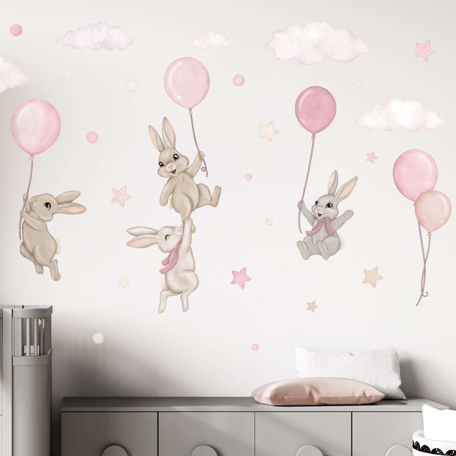 lapins avec ballons rose decoration murale enfant