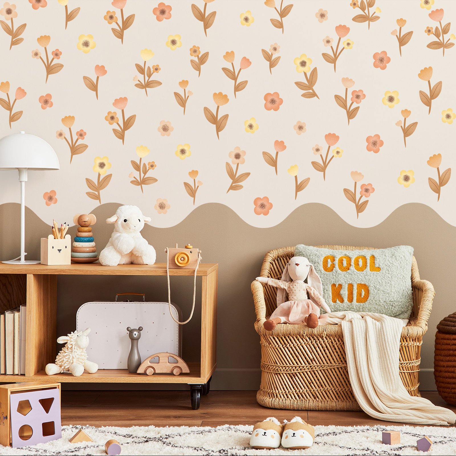 stickers muraux fleurs enfant tons chauds beige orange décoration chambre bohème