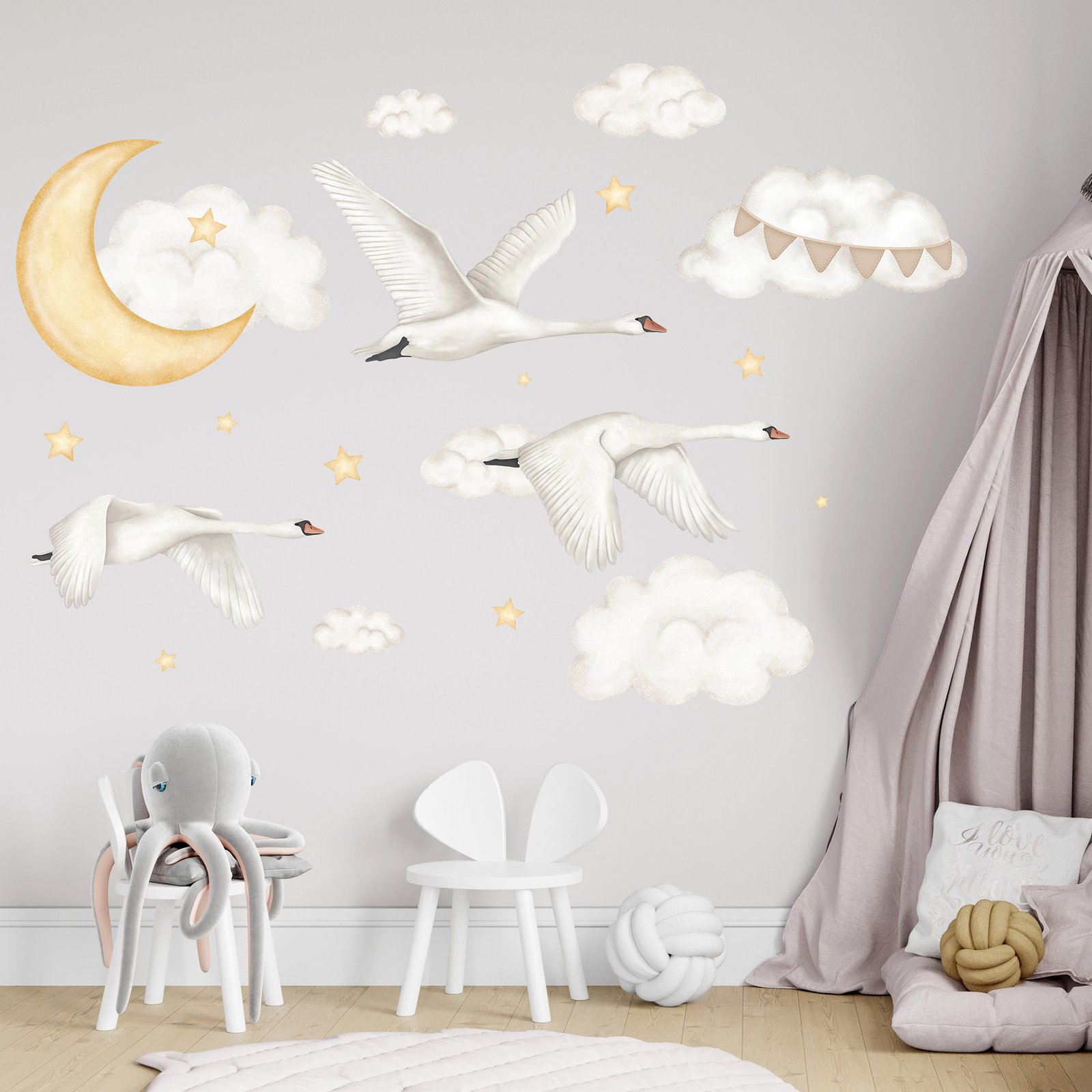 stickers cygnes effet peinture mur