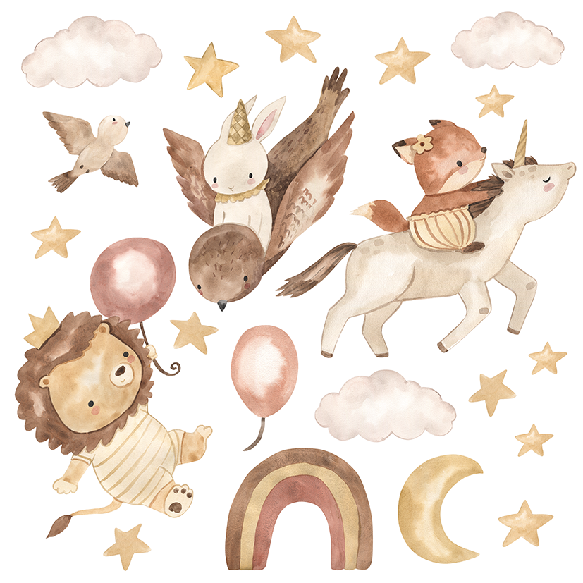 stickers muraux animaux magiques aquarelle enfant