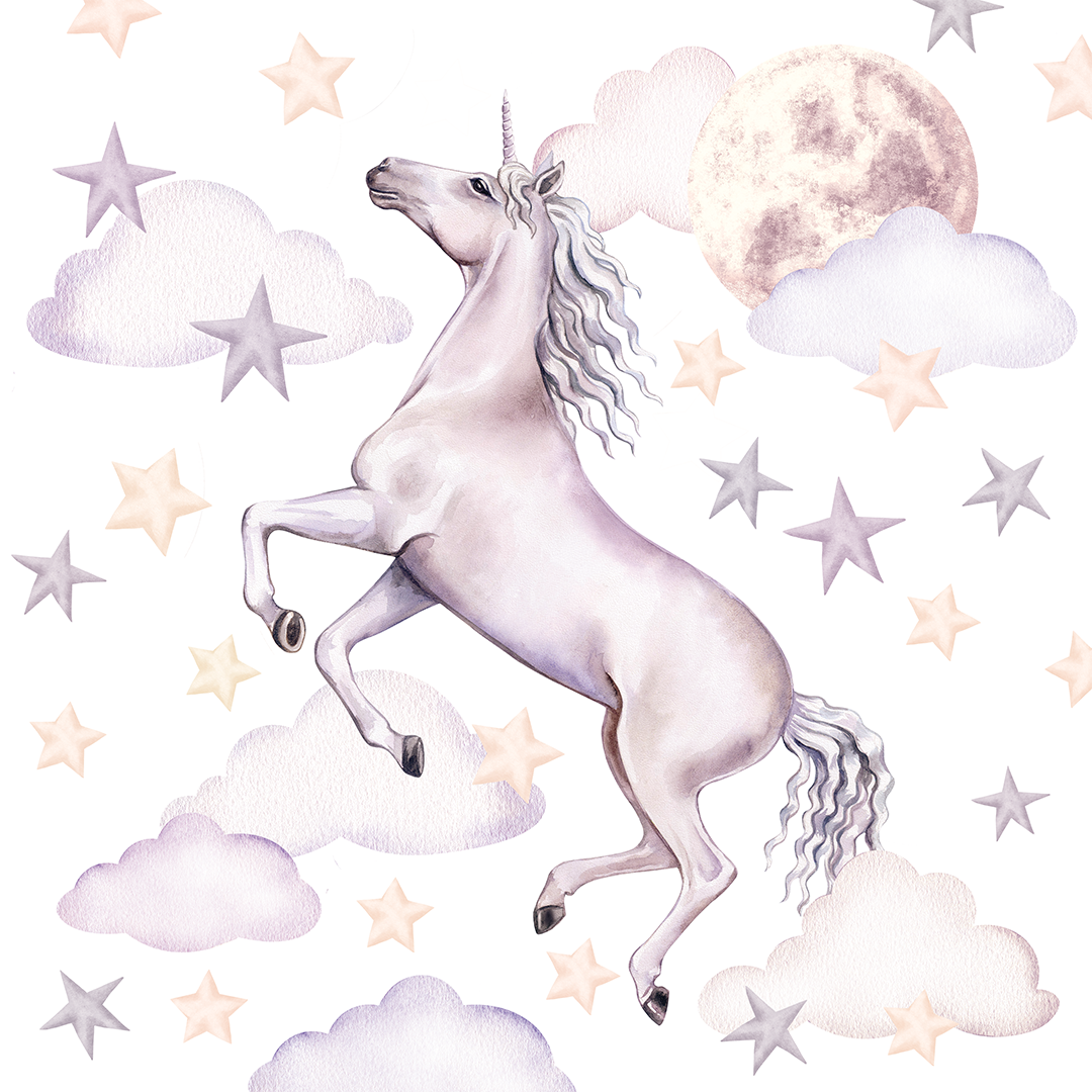 stickers muraux licorne aquarelle lune etoiles