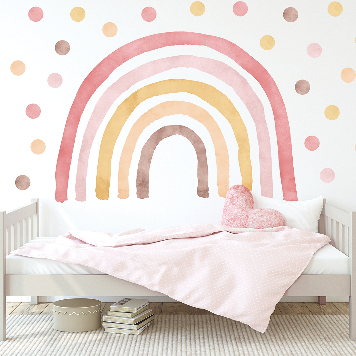 arc-en-ciel enfant rose jaune avec pois mur