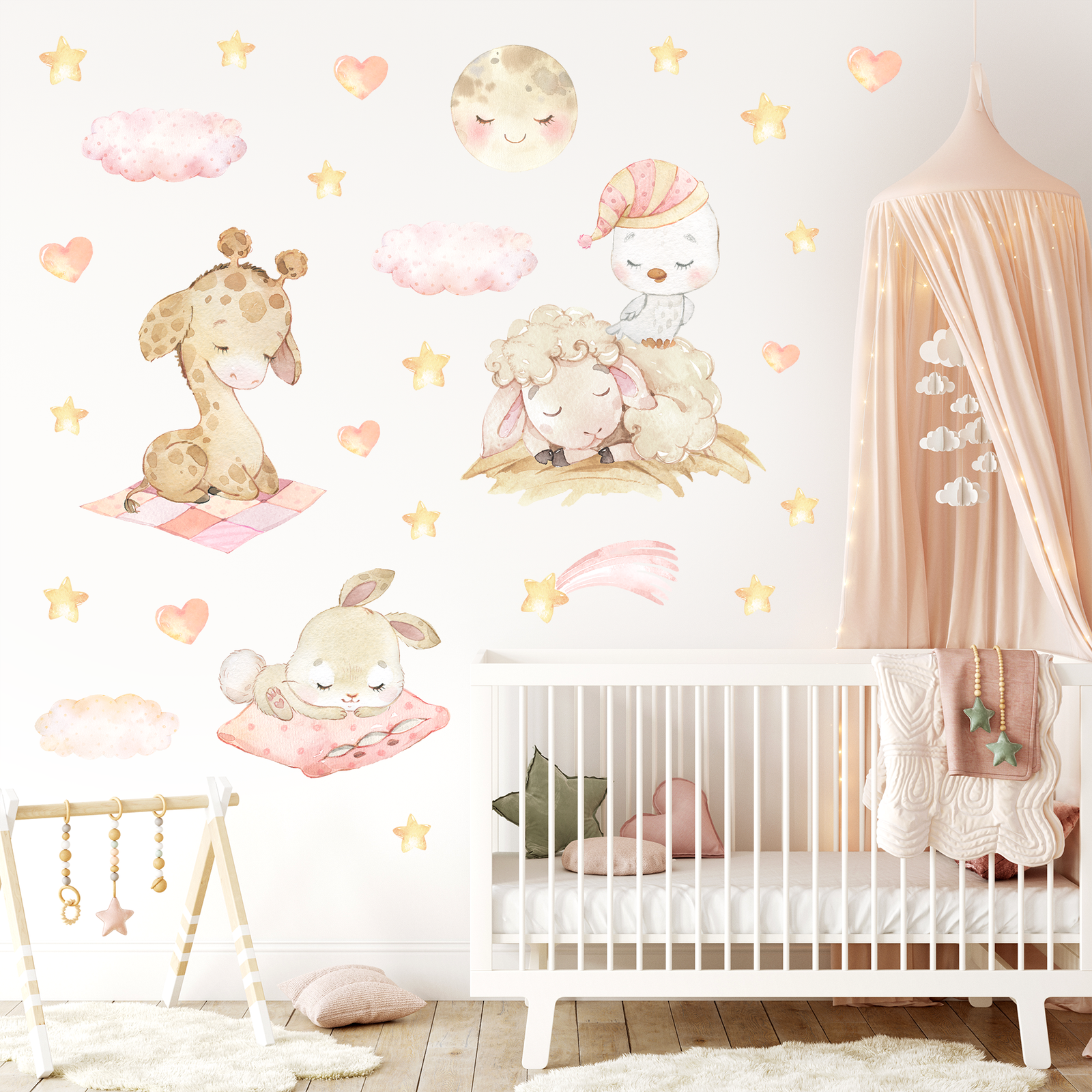 stickers muraux animaux endormis rose bébé