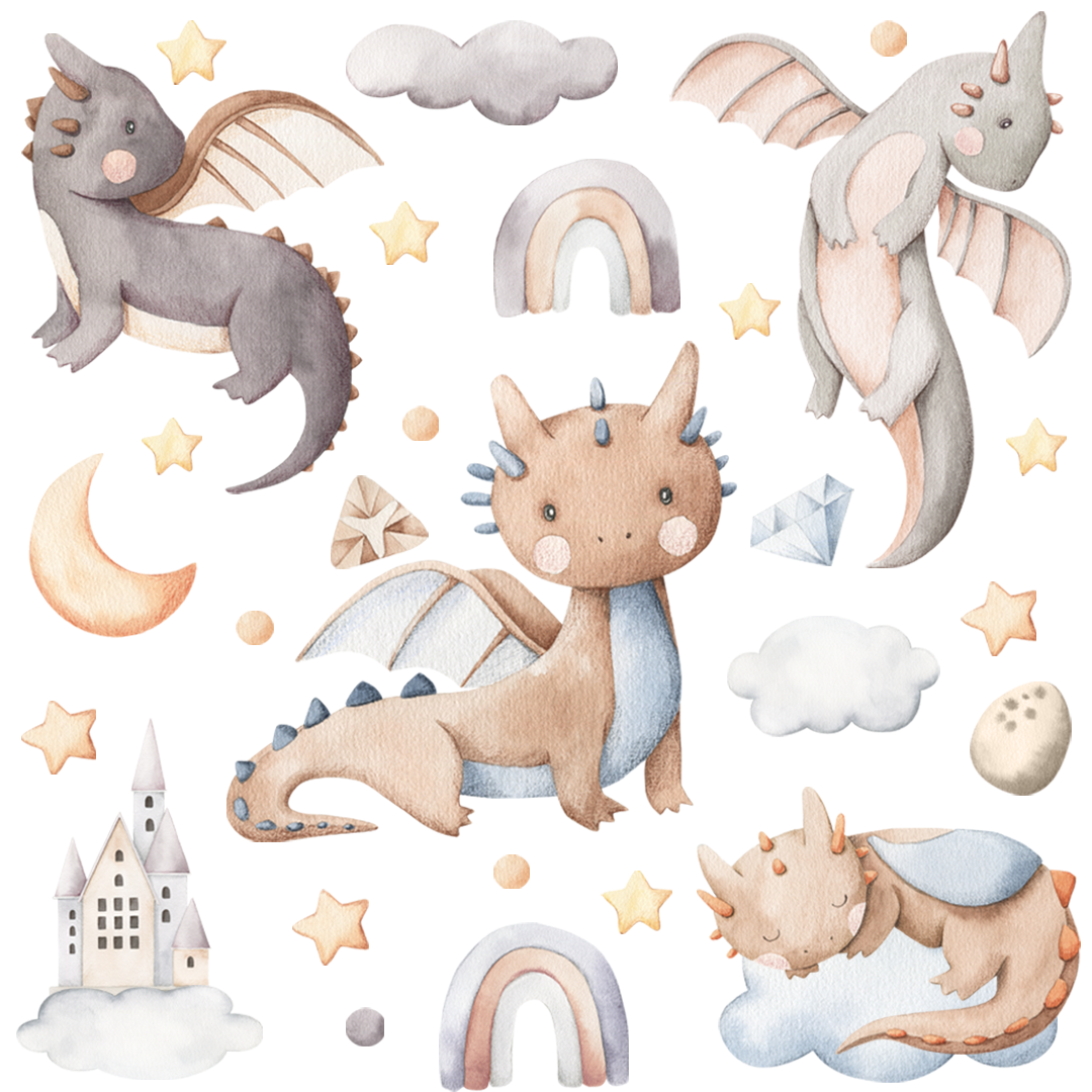 stickers muraux dragons aquarelle enfant