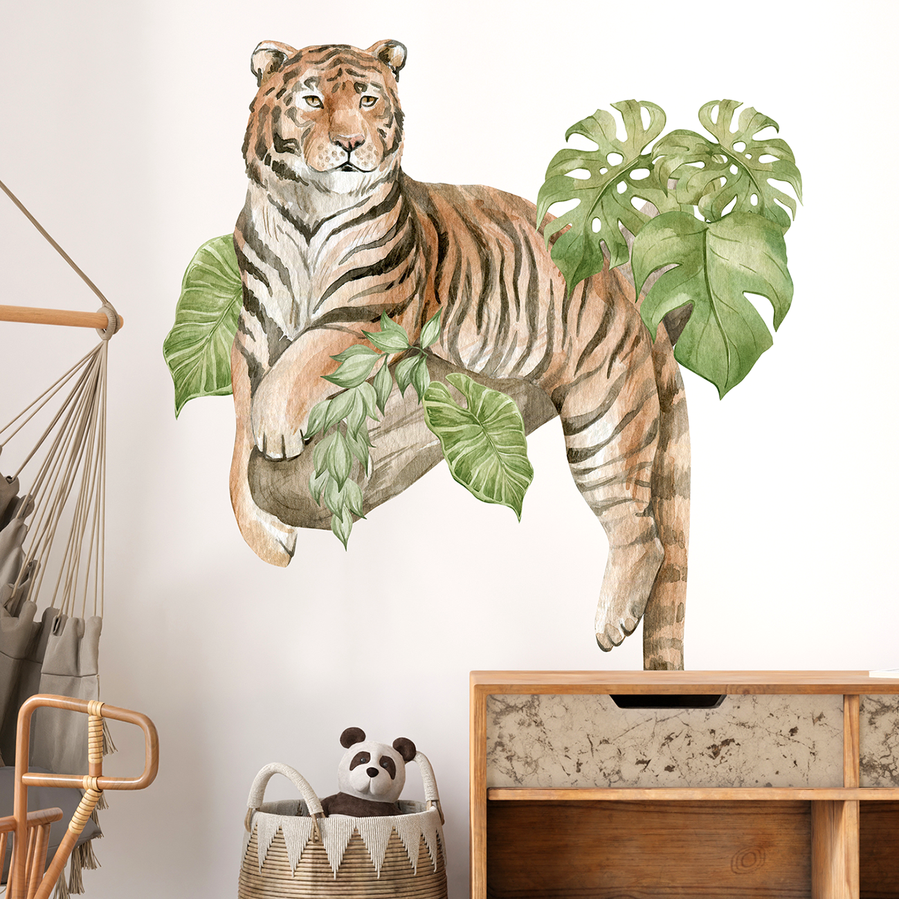 deco murale tigre feuilles tropicales