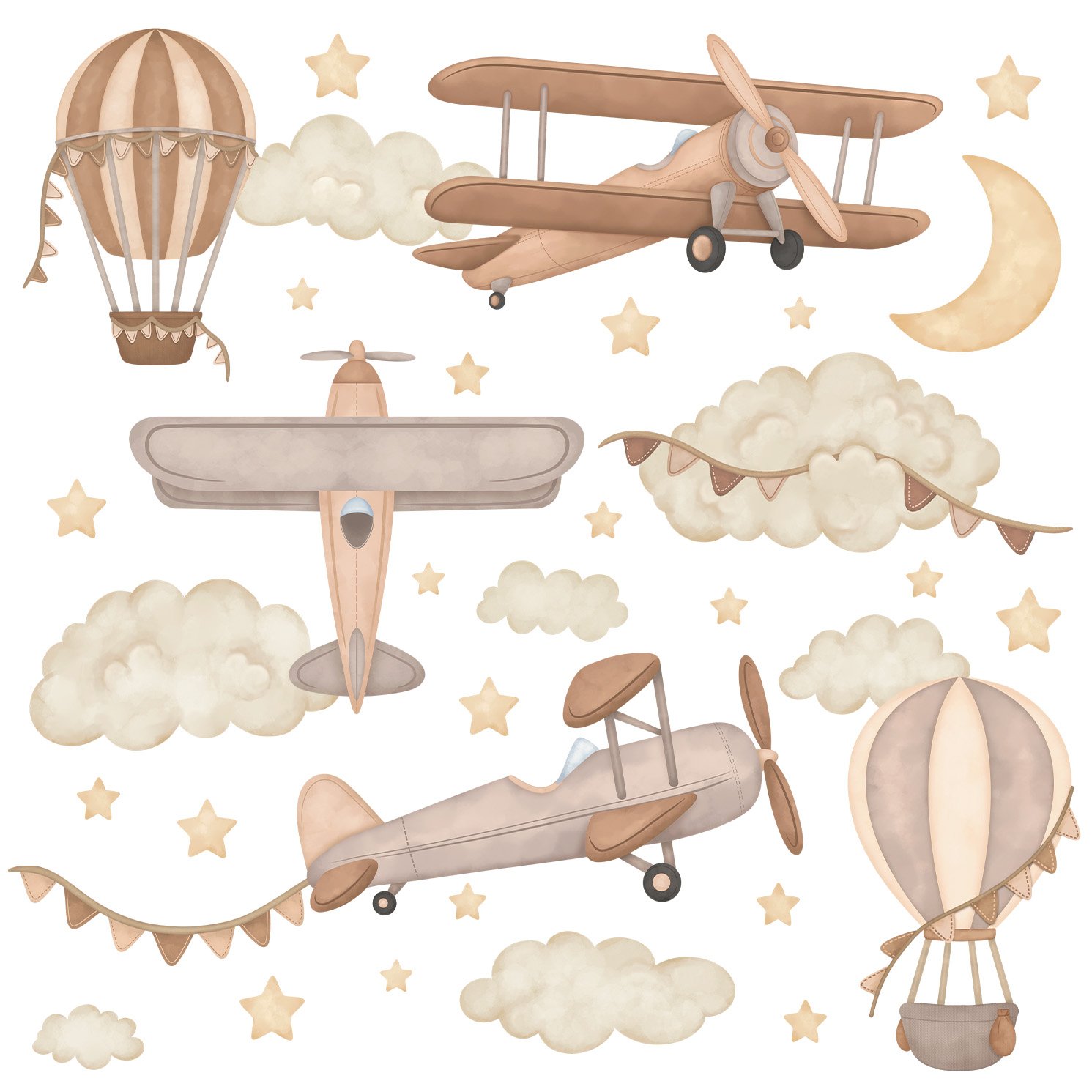 stickers muraux avions rétro bruns chambre enfant