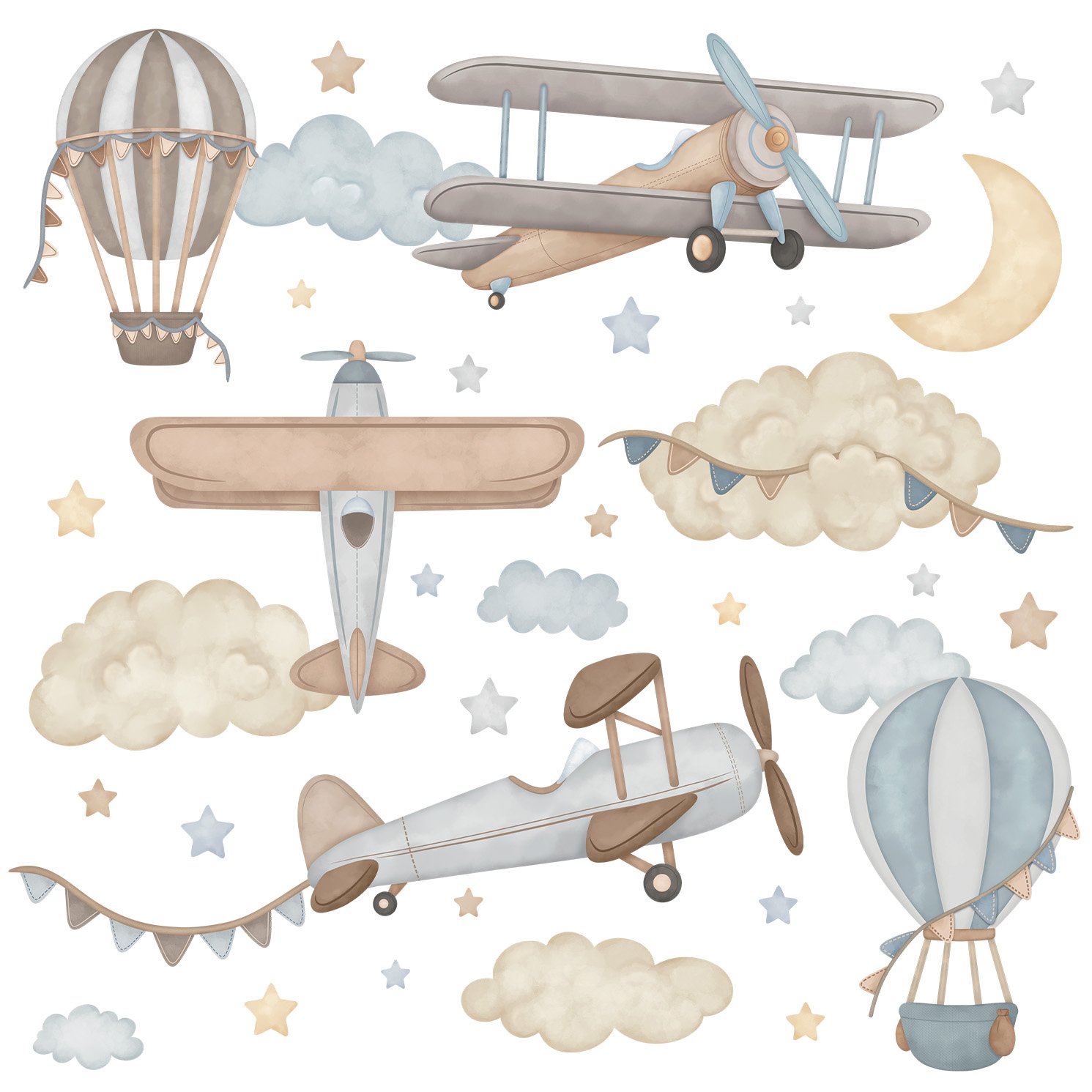 stickers avion bleu vintage mur chambre enfant