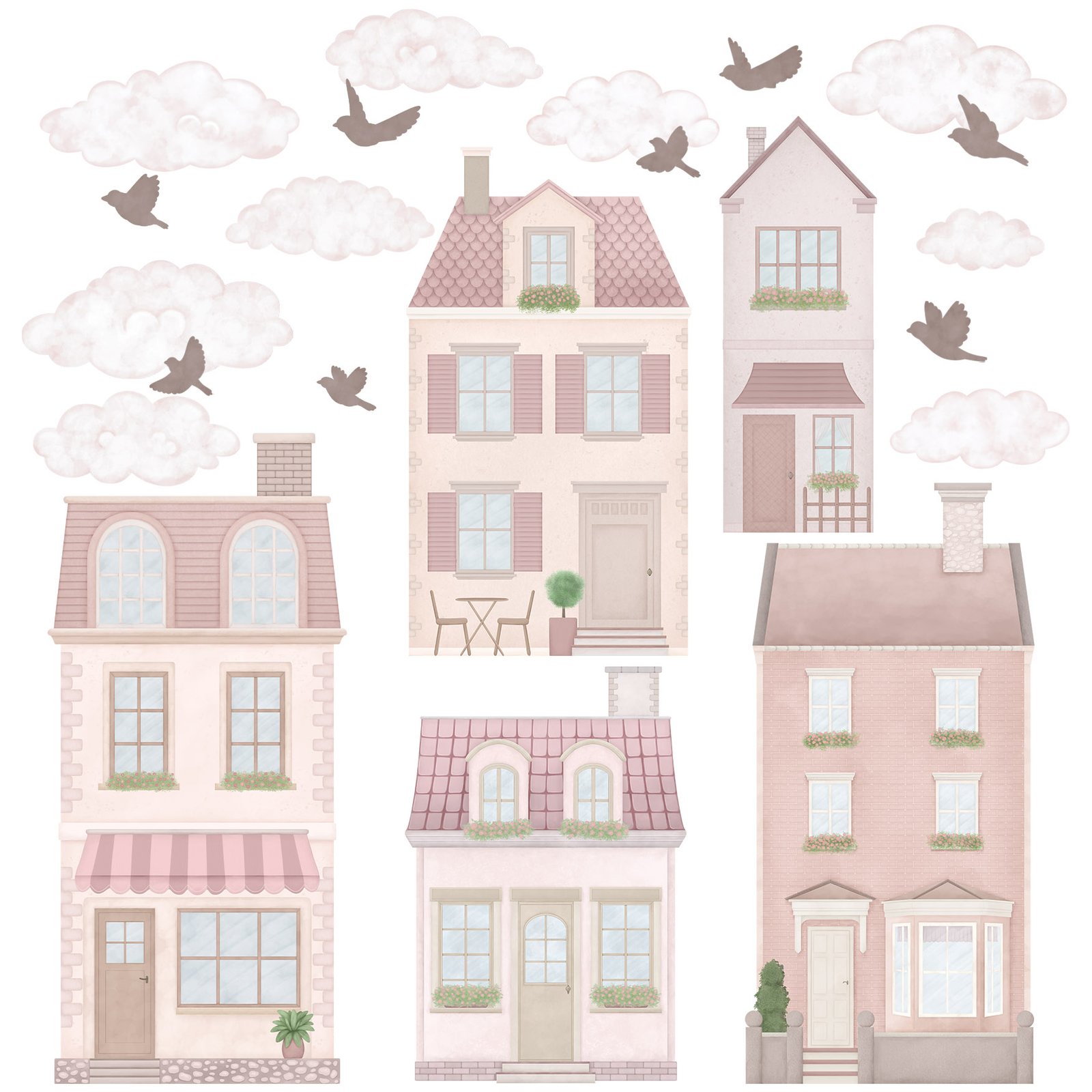 stickers muraux maisons roses chambre enfant