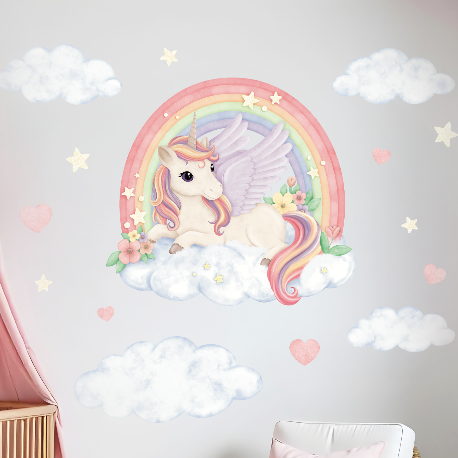 déco murale enfant licorne sur nuage et arc en ciel