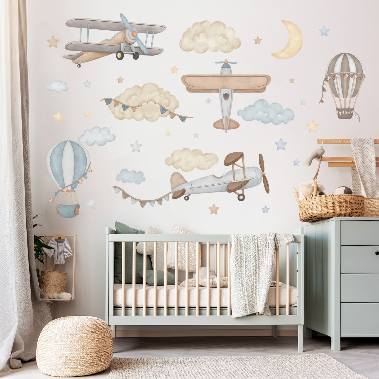 stickers chambre enfant avions bleus et nuages