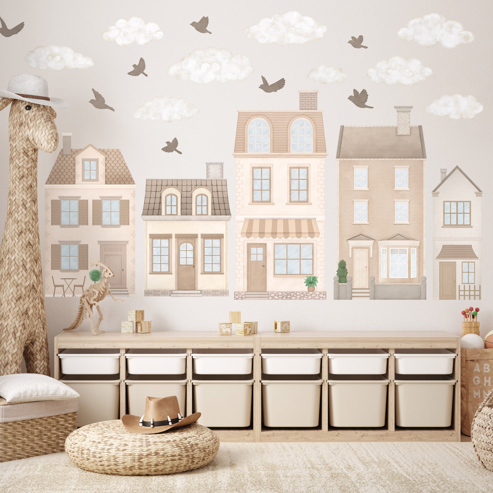 deco murale maisons roses village enfant