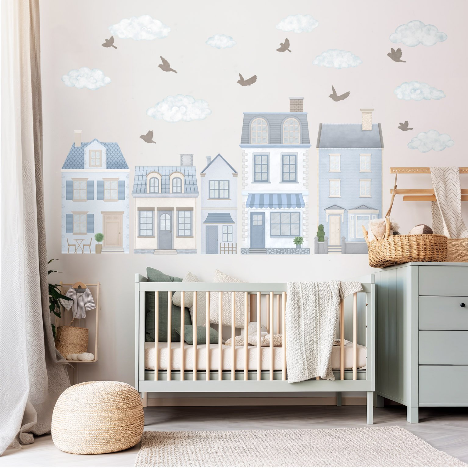 stickers muraux village maisons bleu pastel