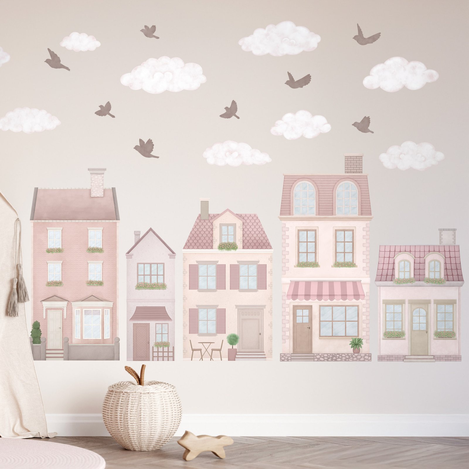 deco murale maisons roses village enfant